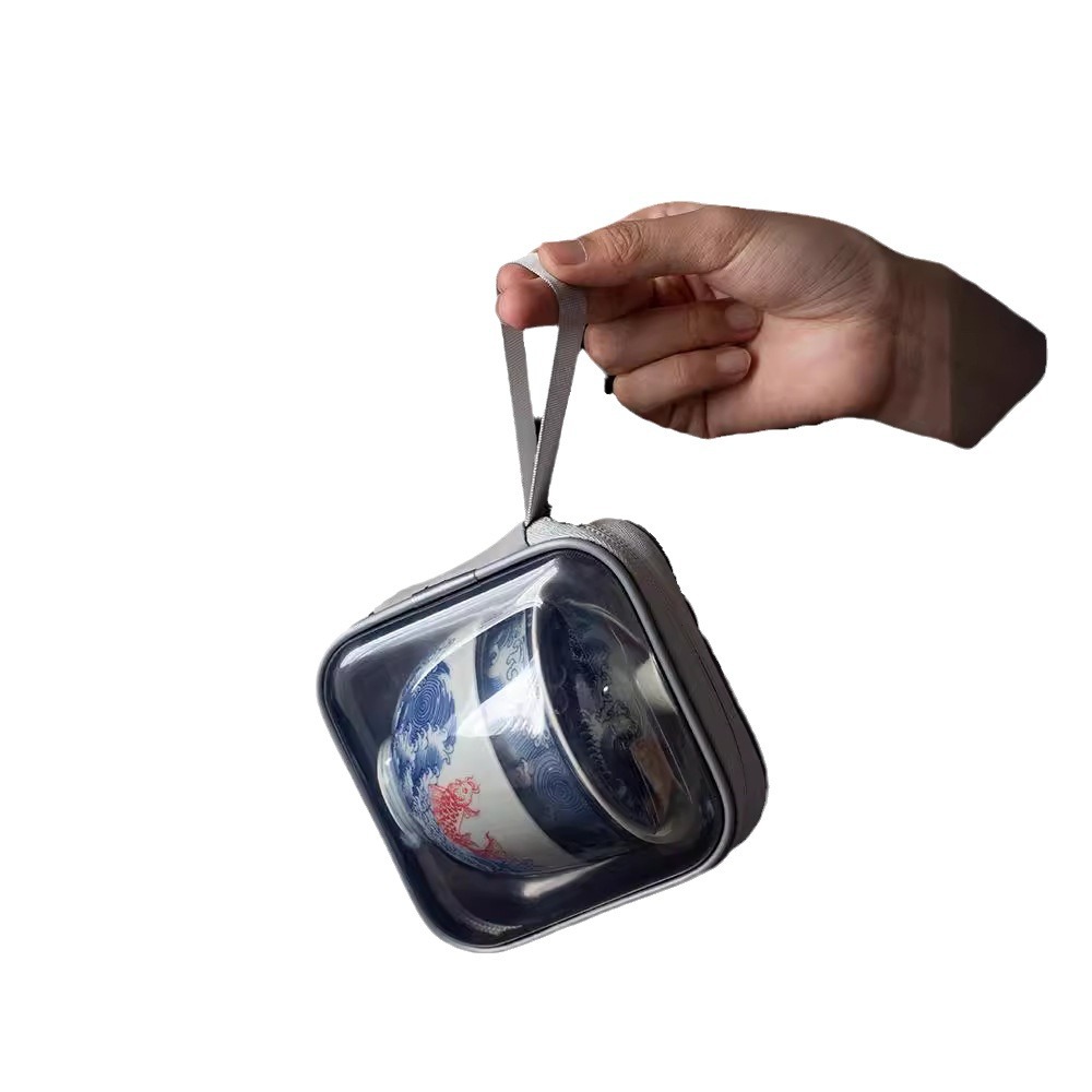 Bộ ấm chén sứ xanh trắng, một ấm hai chén, bộ trà du lịch, chén trà di động, pha trà, phong cách cắm trại ngoài trời