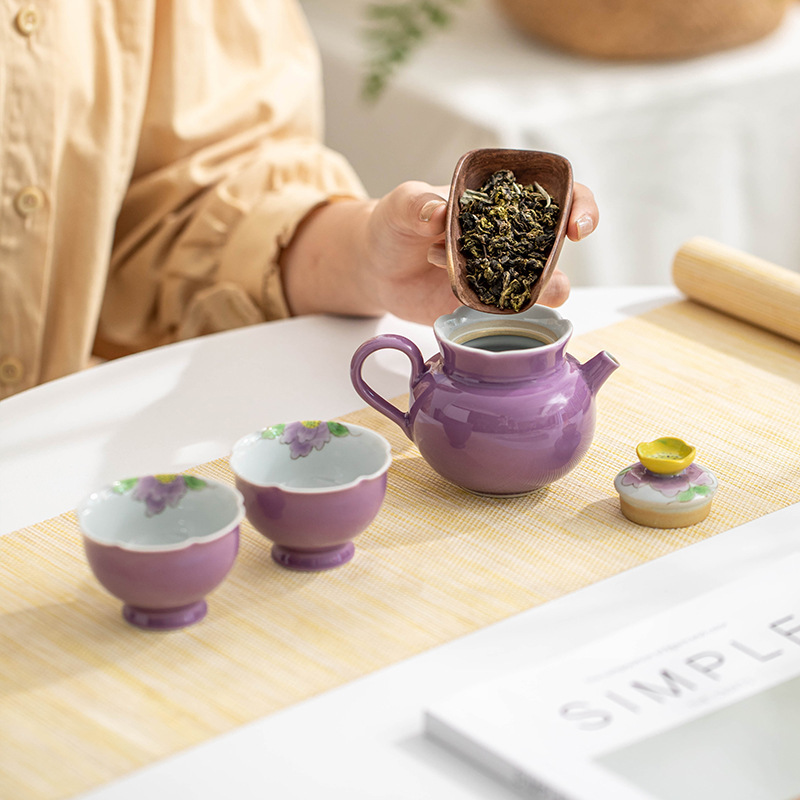 Bộ ấm trà Kung Fu vẽ tay, ấm trà hoa mẫu đơn tím tráng men màu xám thực vật, bộ đồ du lịch gốm sứ gia dụng đựng đồ