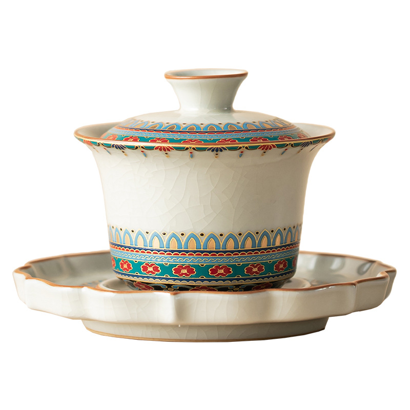 Ru Kiln Đôn Hoàng Văn hóa và Sáng tạo Móng ngựa Ba cái bát có nắp không nóng Chén trà cỡ lớn có nắp mở miếng có thể nâng cao bộ trà Kung Fu