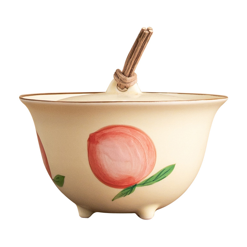 Quạt vẽ tay nút dây đào có nắp đậy chén trà chén chén trà gốm sứ gia dụng có nắp bộ trà Kung Fu không nóng đơn