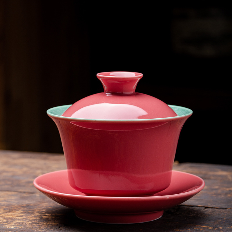Retro Rouge Handmade Bao Phủ Bát Trà Lớn Sancai Bộ Trà Cảnh Đức Trấn Cưới Gốm Kung Fu Bộ Trà
