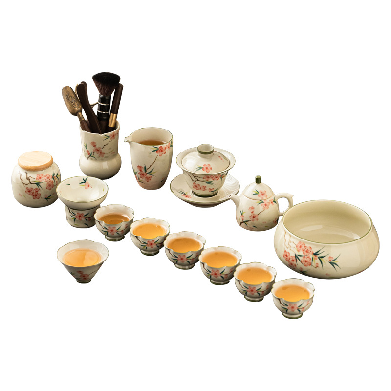 Bộ ấm chén trà hoa đào vẽ tay mẫu mới 2025 dùng cho nhà và văn phòng, chất liệu gốm sứ