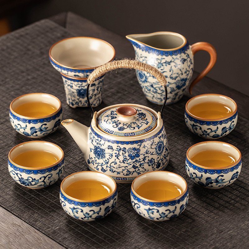 Bộ ấm trà Kung Fu lò Ru màu xanh và trắng mẫu mới 2024 ấm trà cốc trà có nắp kiểu Trung Quốc gốm sứ cao cấp sang trọng nhẹ gia dụng