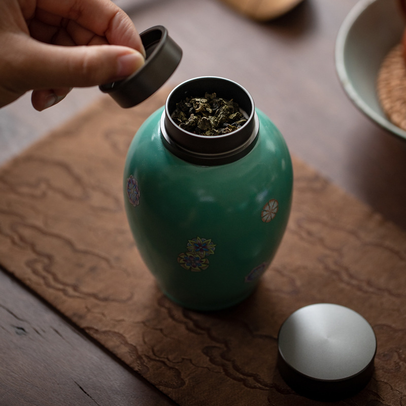 Bình đựng trà xanh ngọc lam, bình gốm sứ chống ẩm kín nắp thiếc kiểu Nhật, bình đựng trà nhỏ