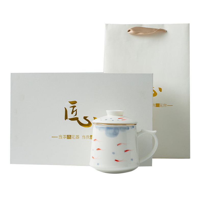 Cốc văn phòng bằng ngọc bích mỡ cừu vẽ tay cốc nước sứ trắng tách trà có nắp cốc pha trà gốm sứ dung tích lớn