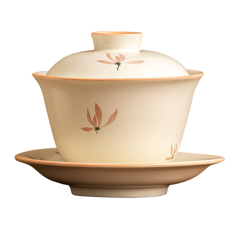 Bát có nắp tinh xảo hoa lan tráng men màu vàng gạo bát trà tam tài cao cấp bộ trà pha trà gia dụng gốm sứ kiểu Trung Quốc dung tích lớn