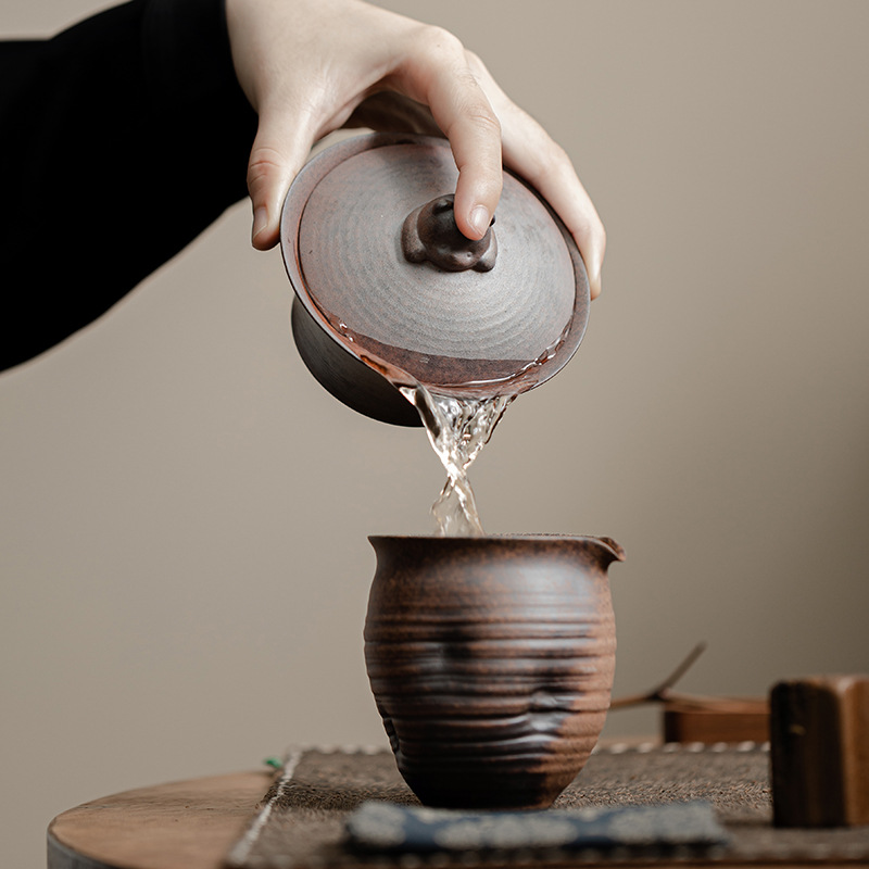 Bát nắp gấu nhị tài phong cách Trung Quốc cổ điển thủ công gốm thô cũ bùn đá bát trà bộ trà kungfu gia dụng hộp quà