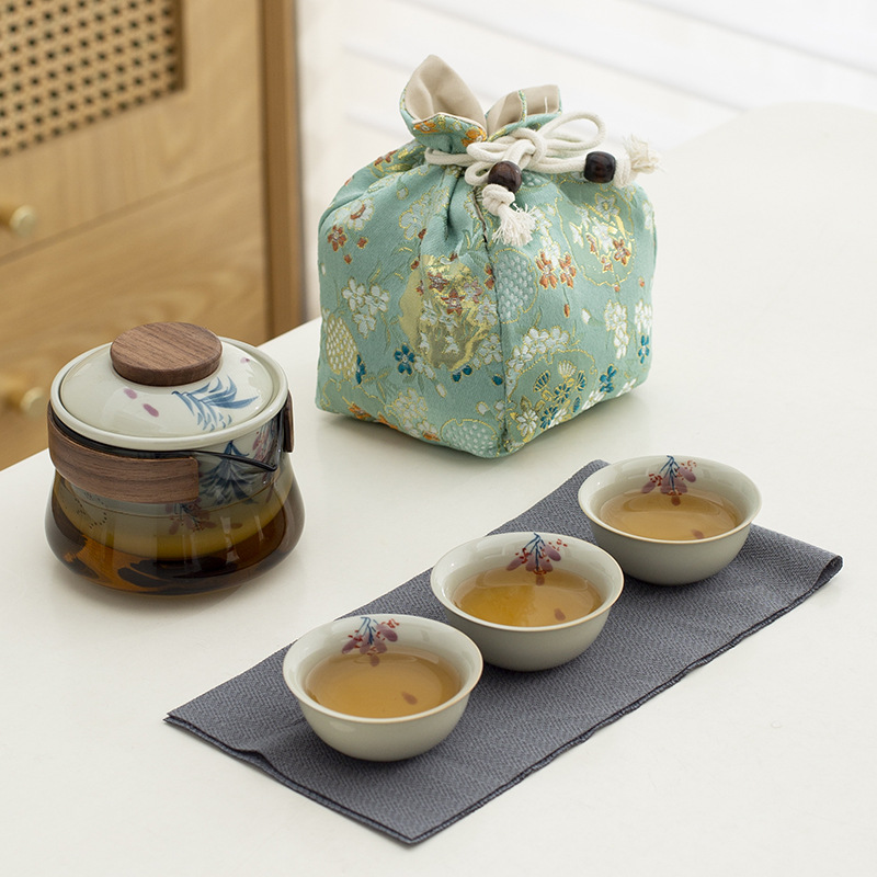 Bộ ấm chén du lịch bằng thủy tinh, họa tiết hoa tử đằng vẽ tay, gồm một ấm, ba chén, túi đựng di động