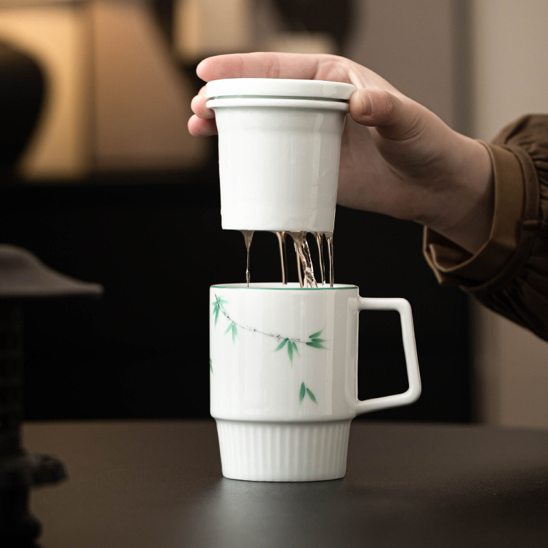 Vẽ tay tre xanh hoa văn dọc văn phòng cốc trà đơn giản tách nước trà cốc gia dụng có nắp cốc trà cốc nước