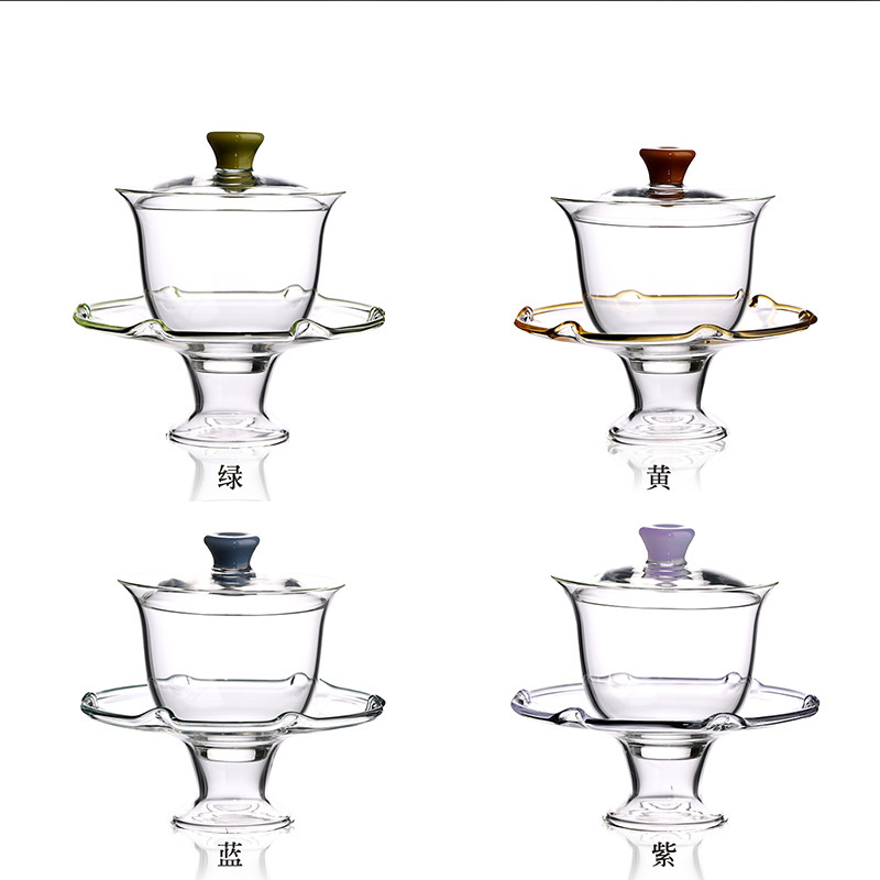 Bát nắp thủy tinh cao cấp Bộ trà Kung Fu đơn dụng cụ pha trà xanh cao cấp trong suốt cầm tay chống bỏng không nóng