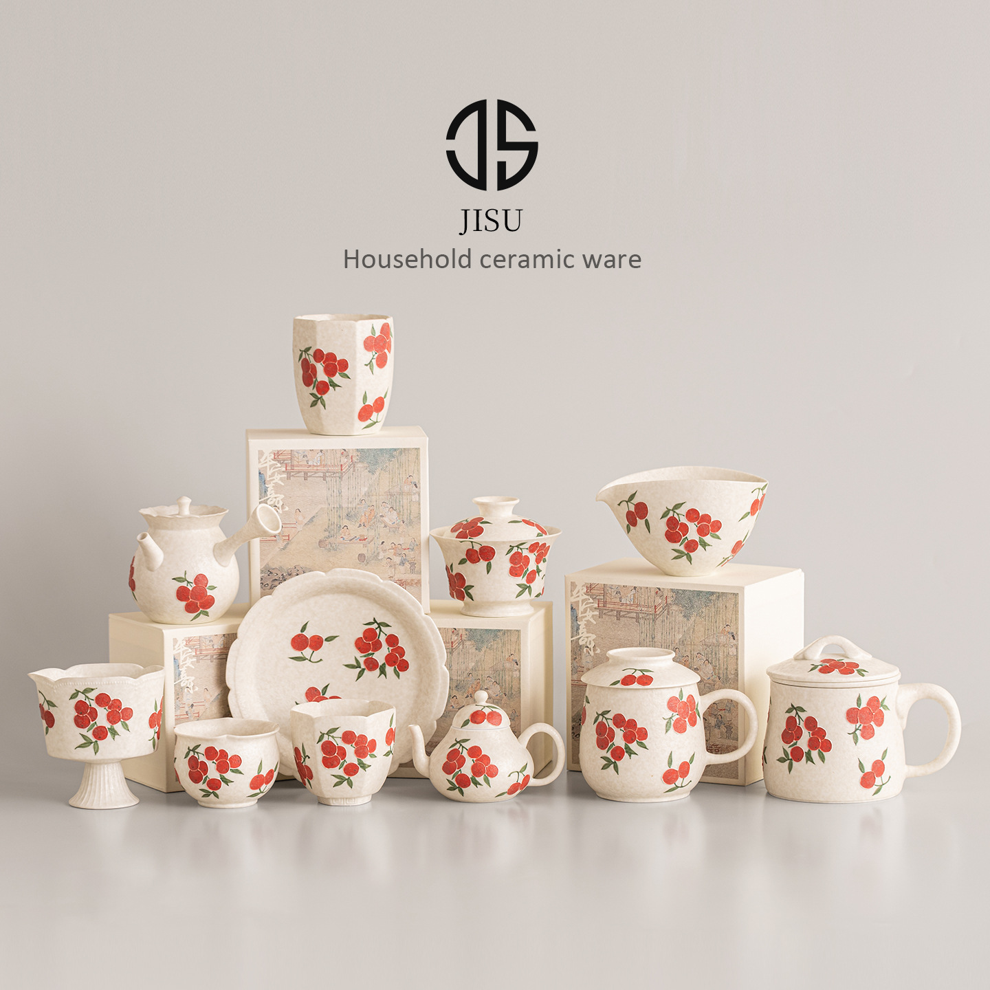 Bộ dụng cụ pha trà Kung Fu gia dụng bằng gốm sứ anh đào xếp chồng vẽ tay, dụng cụ pha trà trắng, phụ kiện trà đạo Trung Quốc