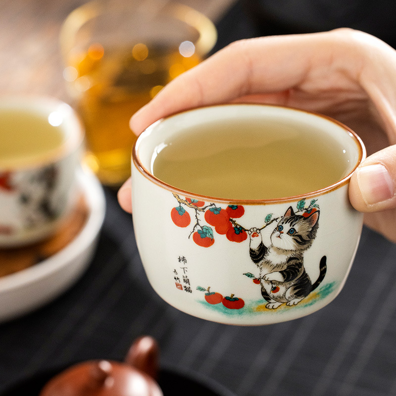 Gốm Ru Lò Quả Hồng Mèo Dễ Thương Chủ Cốc Cá Nhân Cao Cấp Trà Trà Kung Fu Bộ Trà