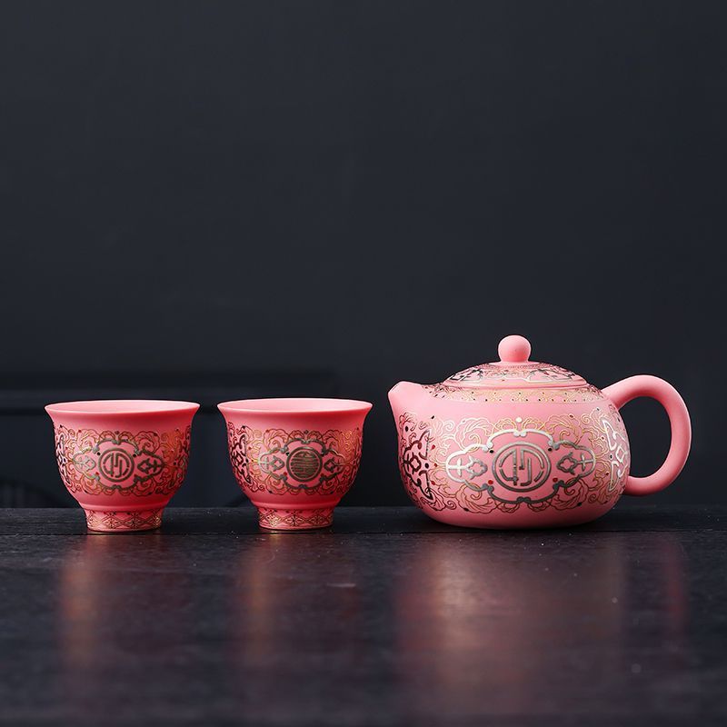 Tác phẩm của bậc thầy Bộ ấm trà cát tím cao cấp Đôn Hoàng Bộ ấm trà một ấm hai tách Quà tặng cho người lớn tuổi Quà lưu niệm lãnh đạo