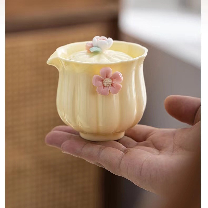 Bộ ấm chén sứ nhanh, đá quý vàng, 1 ấm 3 chén, làm bằng tay, họa tiết hoa văn, bộ du lịch nhỏ gọn, tiện mang theo ngoài trời, túi xách vàng