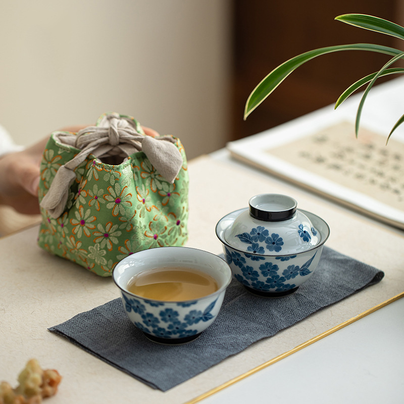 Bộ bát và chén hoa cẩm chướng vẽ tay tráng men, bát ngoài trời có mái che, bộ du lịch di động dành cho một người uống