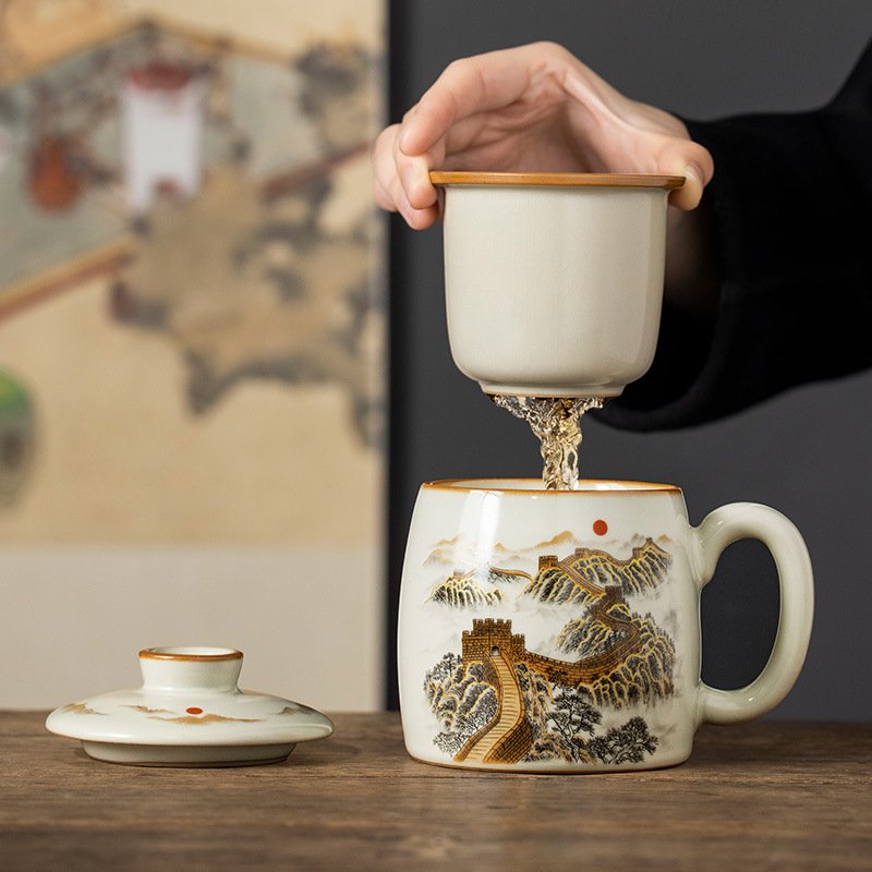 Cốc có nắp đậy bằng gốm sứ Ruyao cốc nước tách trà cá nhân cốc nước văn phòng cốc pha trà