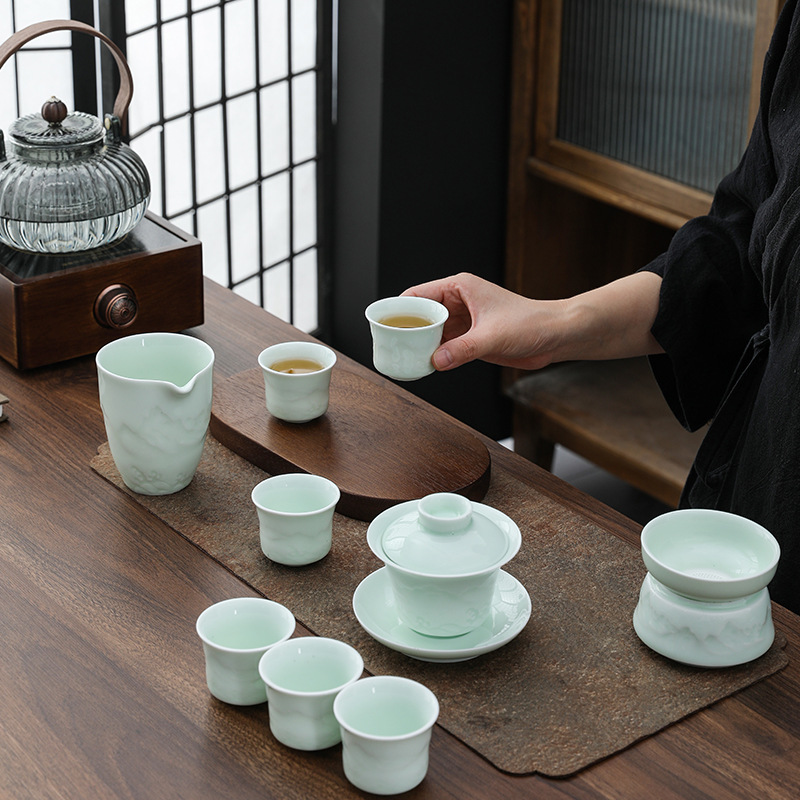 Bộ trà Kung Fu núi biển nổi màu xanh mận Bộ trà hộp quà bộ trà men ngọc bộ gia dụng pha trà khách văn phòng