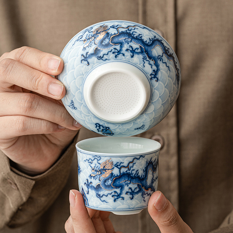 Bộ lọc trà rò rỉ trà cổ điển họa tiết rồng xanh và trắng vàng bạc phụ kiện bộ trà Kung Fu cao cấp bộ lọc trà gốm sứ