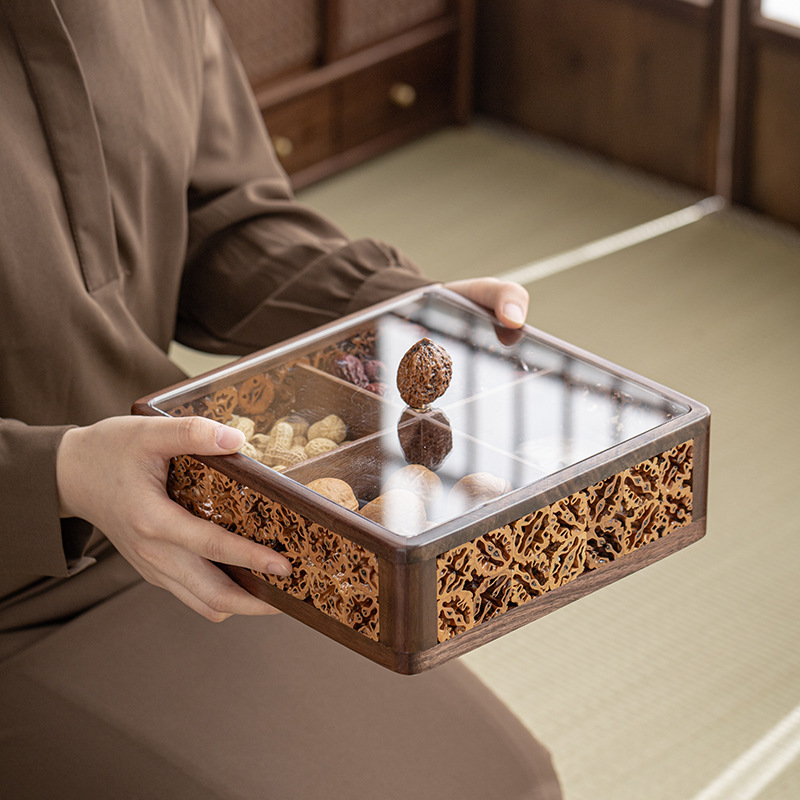 Hộp đựng đồ ăn vặt hạt kiểu Trung Quốc, Bàn cà phê phòng khách, hộp đựng trái cây sấy khô ngăn gia dụng, hộp đựng kẹo hạt dưa, đĩa đựng trái cây gỗ nguyên khối