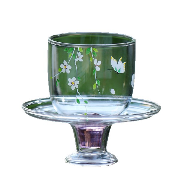 Tách trà cao bằng thủy tinh chịu nhiệt hoa tươi cho trà xanh, bộ trà đặc sản, cốc nếm trà, bát trà, cốc chủ có giá đỡ cốc.