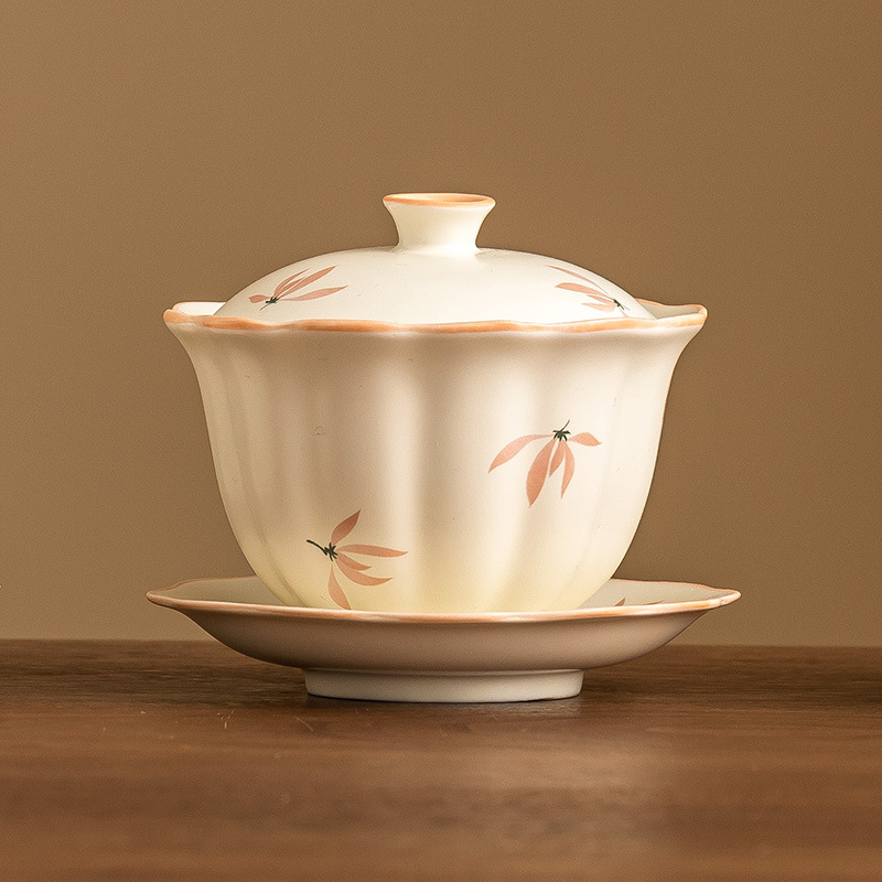 Bát tam tài hoa lan tráng men màu vàng gạo bát đựng trà gia dụng dung tích lớn có nắp không nóng bộ trà pha trà Kung Fu