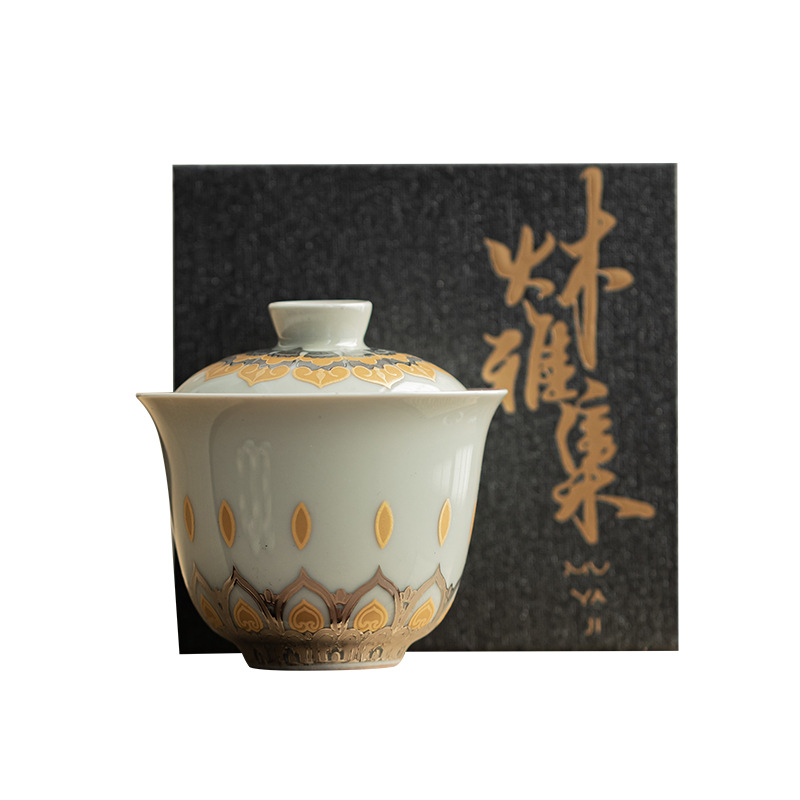 Màu xám thực vật Đôn Hoàng Vạn Phật Nắp bát gốm sứ văn hóa và sáng tạo chén trà có nắp Hộp quà tặng dụng cụ trà Kung Fu