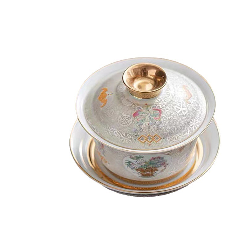 Bát tam tài có nắp bằng bạc, cốc trà sứ cao cấp, bộ trà cổ điển tráng men đầy màu sắc, bát trà, hộp quà đơn