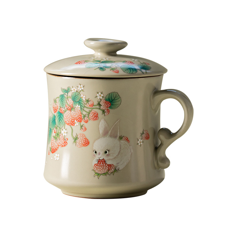 Ruyao Dâu Thỏ Trăng Lưỡi Liềm Cốc Nước Cốc Sứ Văn Phòng Có Nắp Hộ Gia Đình Công Suất Lớn Lọc Trà