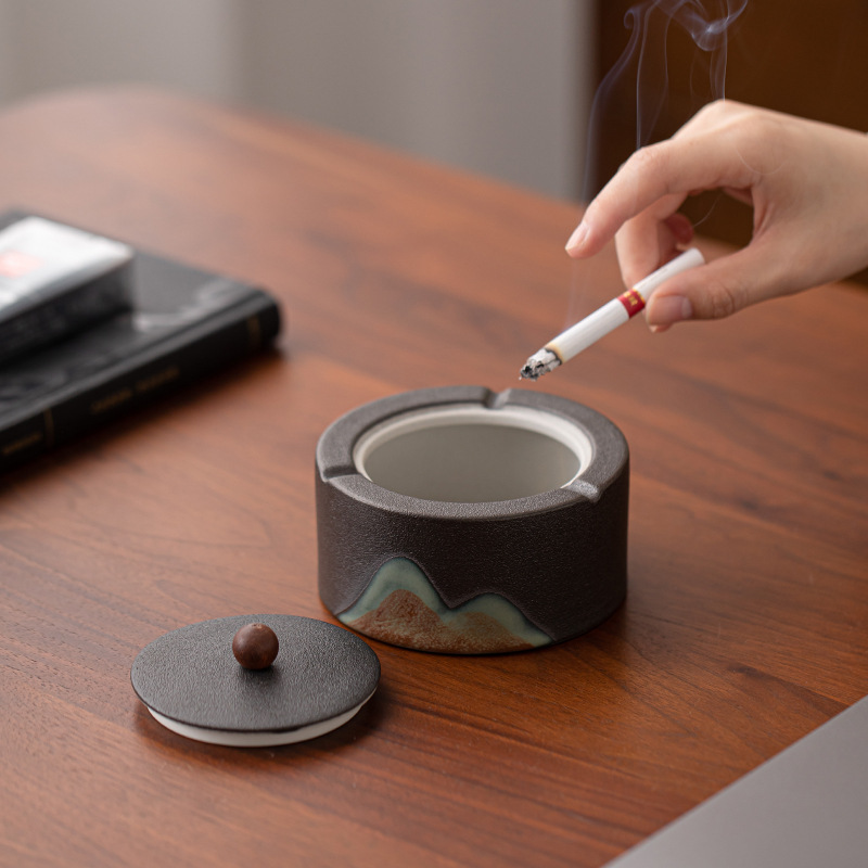 Gạt tàn có nắp, chống gió, chống bay, đồ trang trí gạt tàn gốm sứ đơn giản cho phòng khách gia dụng, văn phòng