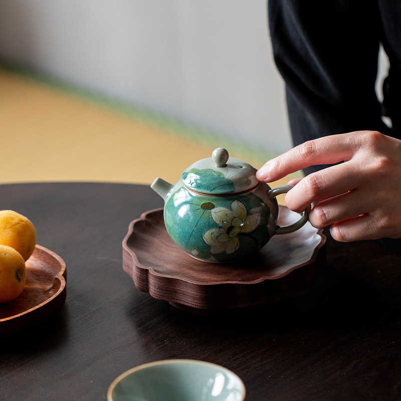 Ấm cao chân Gỗ Óc Chó đựng bát có nắp gia dụng Khay đựng ấm trà khay đựng đồ uống trà Kung Fu kiểu Trung Quốc phụ kiện bàn pha khô