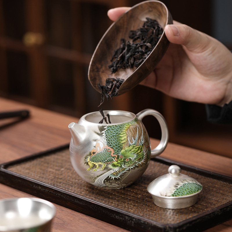Ấm trà bạc rồng xanh tráng men Dehua ấm trà ngàn hoa mạ bạc bộ trà Kung Fu cao cấp dành cho nữ