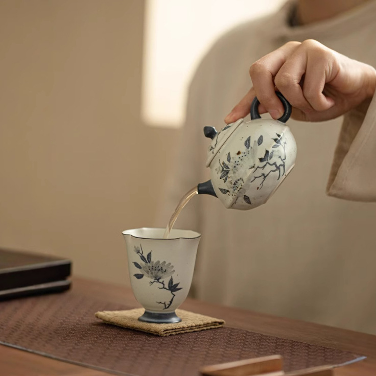 Cốc miệng hoa mẫu đơn vẽ tay cổ điển, cốc chủ nhân gốm sứ gia dụng, cốc trà chuyên dụng cá nhân, bộ trà, cốc trà