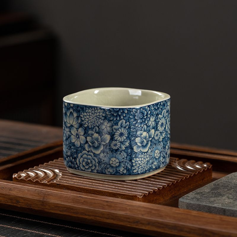 Cốc trà vuông trắng xanh cao cấp bộ trà gốm sứ công phu cốc cá nhân có thể mở cốc chủ nhân cỡ lớn cốc đơn tặng quà