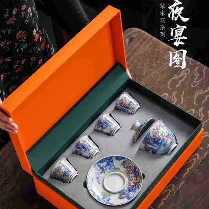 Dehua gốm cỏ xanh và tro gỗ tiệc đêm hình ảnh bát phủ ba tài chén trà làm quà tân gia cho người lớn tuổi và lãnh đạo
