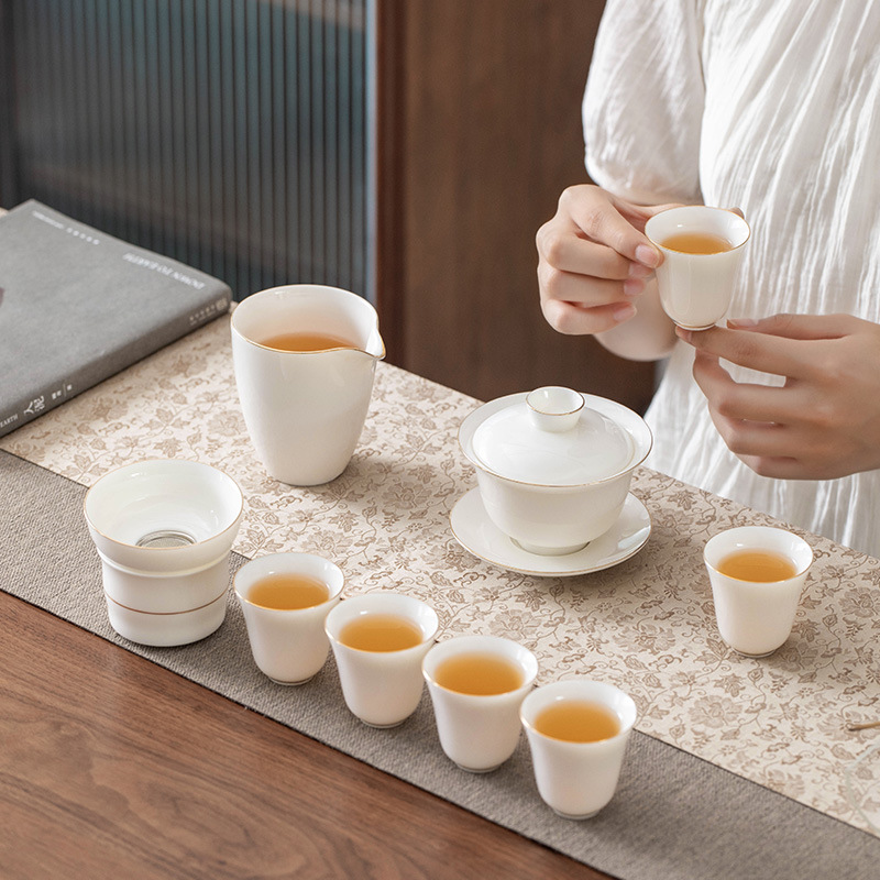 Bộ ấm trà Kung Fu bằng sứ trắng ngọc cừu Bộ chén trà có nắp Gốm sứ gia dụng trọn Bộ hộp quà tặng doanh nhân