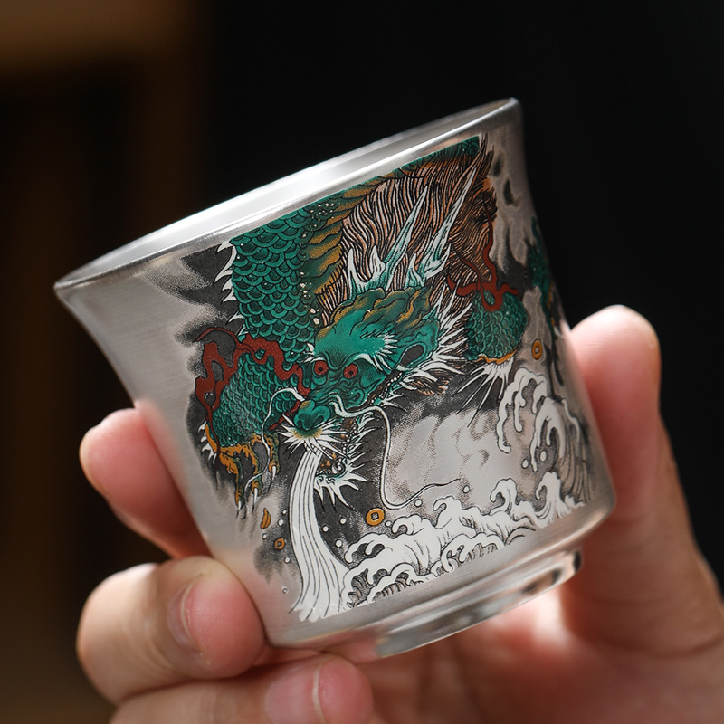 Bộ tách trà chủ nhân cỡ lớn thủ công mạ bạc gia dụng Bộ trà Kung Fu cao cấp Chén trà mạ bạc Thanh Long