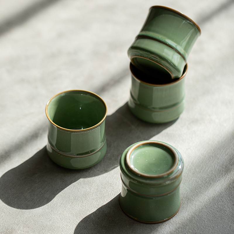Bộ ấm chén trà tre giả gốm sứ sáng tạo, màu xanh lá cây, phong cách kung fu, chén trà, chén chủ, đồ dùng gia đình, họa tiết tre xanh.