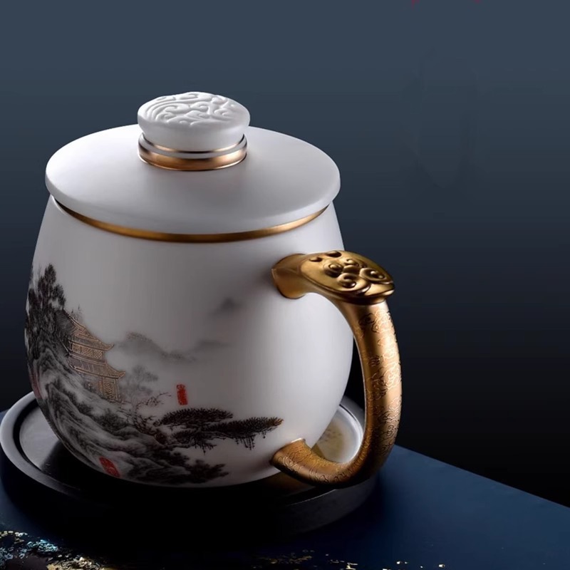 Cốc văn phòng bằng sứ ngọc bích Suyuan cốc pha trà bằng sứ mạ vàng cao cấp cốc pha trà tách nước quà tặng cốc nước quà tặng