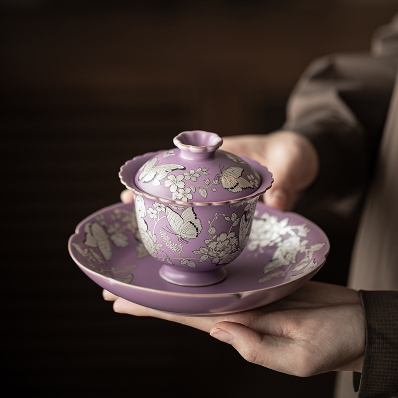 Màu tím Ru mạ bạc bướm tình yêu hoa ba cái nắp bát đựng trà gốm sứ có nắp tách trà bộ ấm trà có thể nâng cốc trà