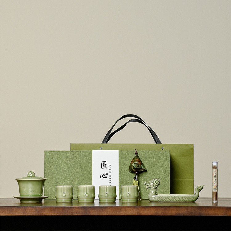 Bộ ấm chén trà Kung Fu cao cấp, quà tặng Tết Đoan Ngọ, tô sứ phủ men xanh, quà tặng doanh nghiệp, có thể tùy chỉnh logo.