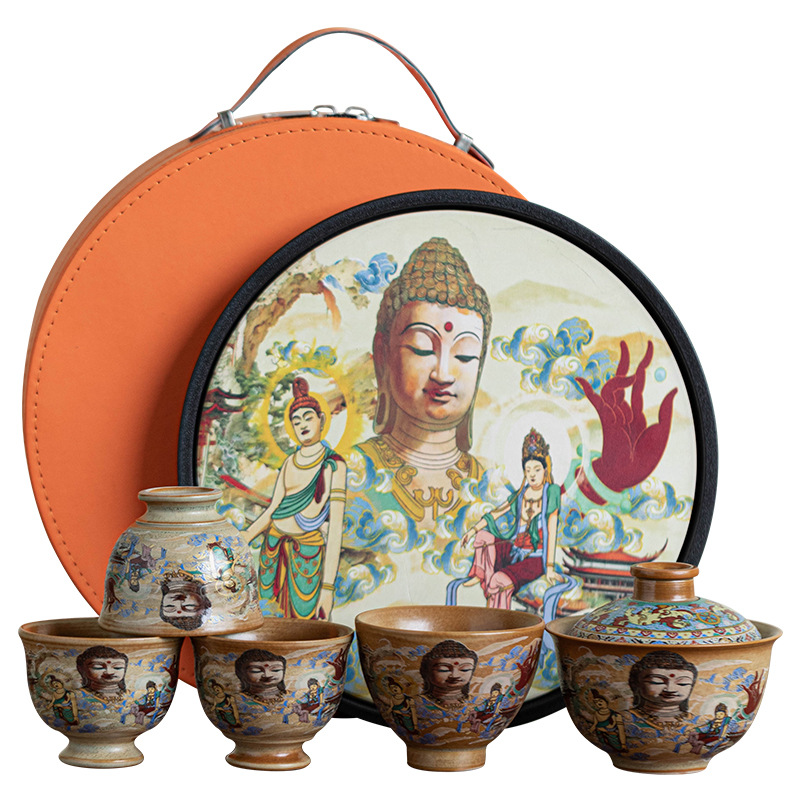 Bộ trà du lịch tượng Phật Đôn Hoàng một ấm bốn cốc du lịch ngoài trời di động Bộ trà Kung Fu gốm sứ gia dụng