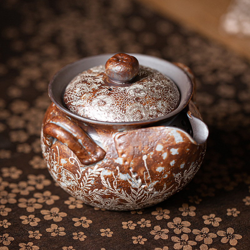 Ấm đun nước cầm tay bằng bạc mạ hoa, ấm pha trà Kung Fu bằng đất sét đá cũ, ấm pha trà, bình kho báu, bát có nắp chống bỏng