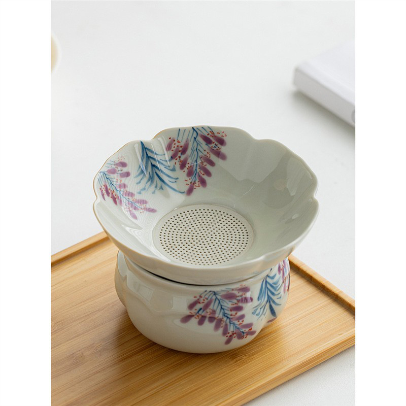 Vẽ tay tráng men màu hoa tử đằng trà lọc trà lọc trà gốm sứ lọc trà một bộ lọc trà gia dụng phụ kiện bộ trà