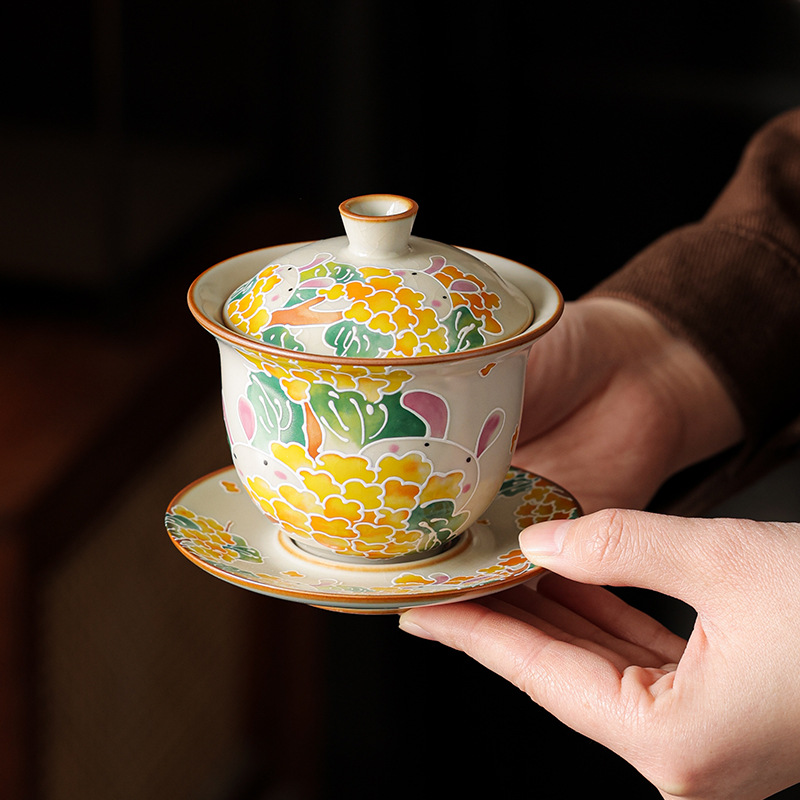 Cốc trà cốc trà có nắp đậy bằng sứ Ru cao cấp một tay không nóng lớn bộ trà trà dung tích lớn bát trà có nắp