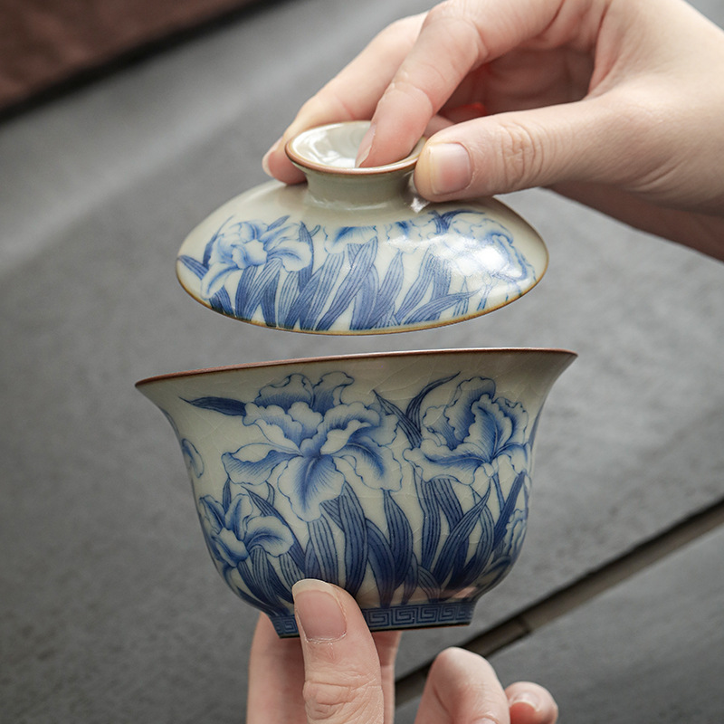 Bát trà có nắp lò Ru màu xanh và trắng, ấm trà đơn cao cấp, ấm cầm tay, bộ trà du lịch gia dụng, bát trà chống bỏng có nắp