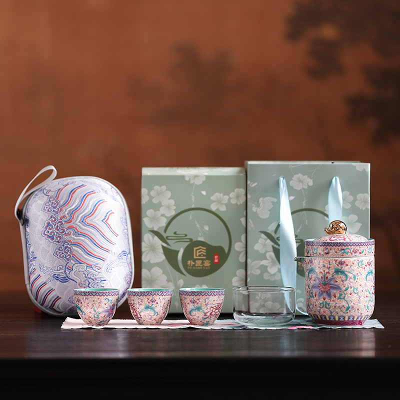 Bộ ấm trà Kung Fu du lịch ngoài trời tráng men cầm tay một ấm bốn cốc cốc nhanh cốc trà thủy tinh