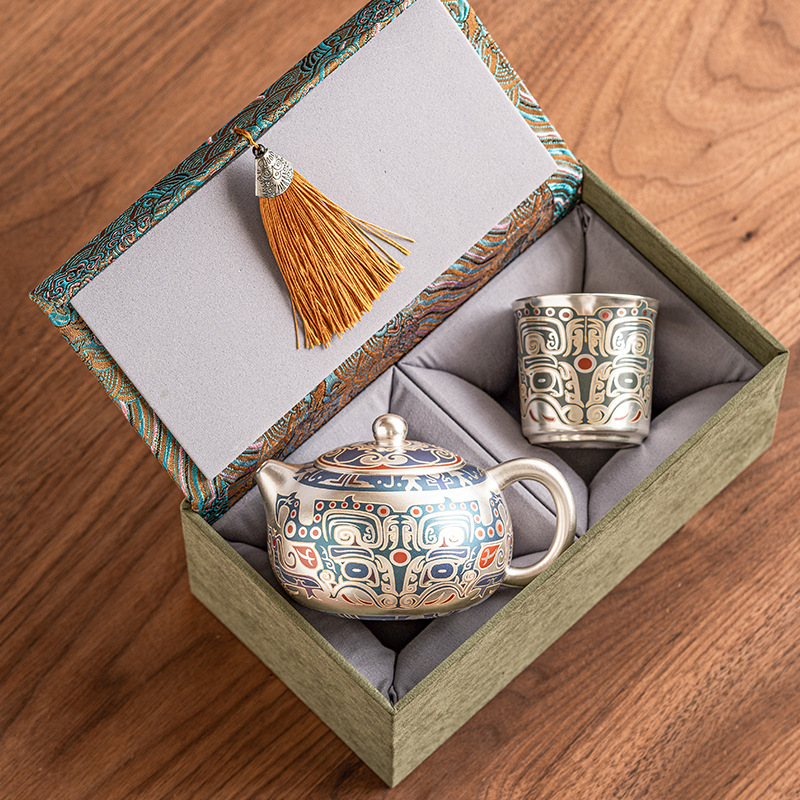 Bộ ấm trà bạc 999, hộp quà tặng cho người lớn tuổi, quà tặng doanh nghiệp cao cấp, ấm trà Kung Fu, tách trà, quà lưu niệm