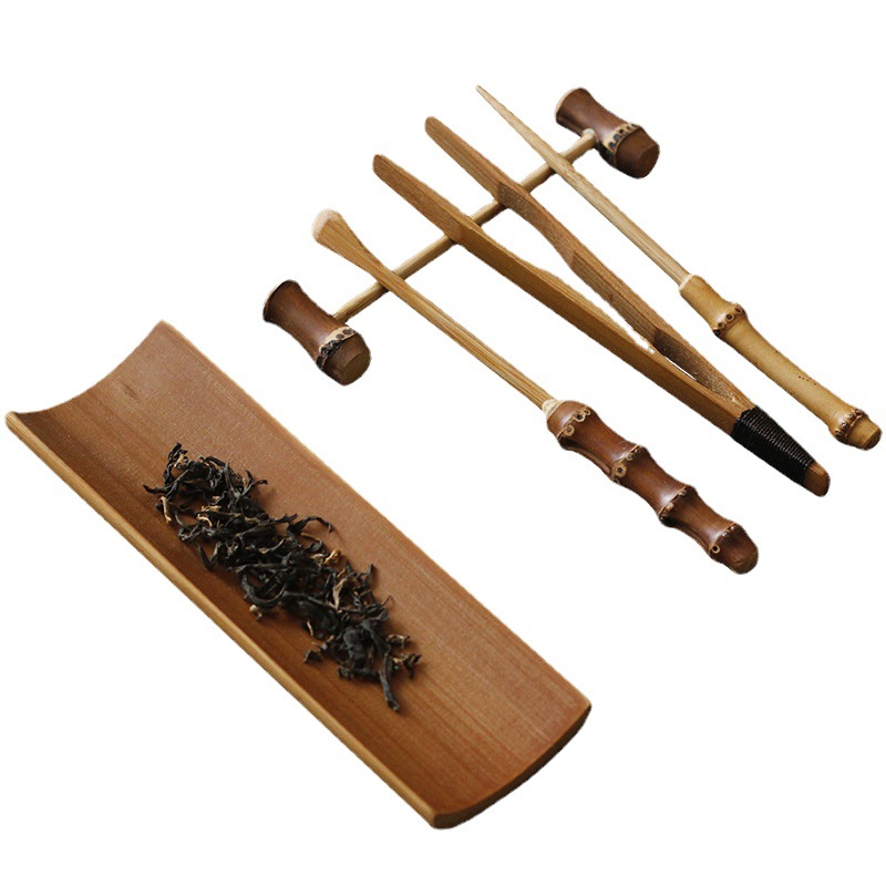 Bộ dụng cụ pha trà bằng tre nguyên liệu, 5 món, chất liệu tre cổ, dụng cụ trà đạo, gồm dụng cụ pha trà, muỗng trà, phụ kiện trà đạo Kungfu, dùng cho nhà và văn phòng