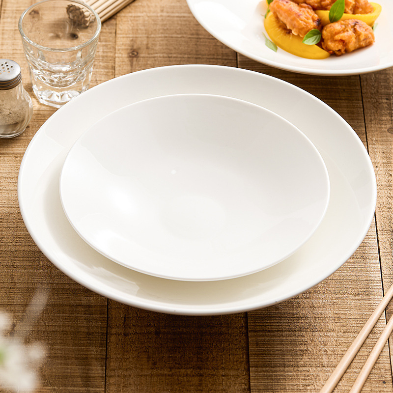 Bộ đồ ăn sứ trắng tinh khiết Dehua, bộ đĩa súp gia dụng, bộ đĩa sứ xương cao cấp.