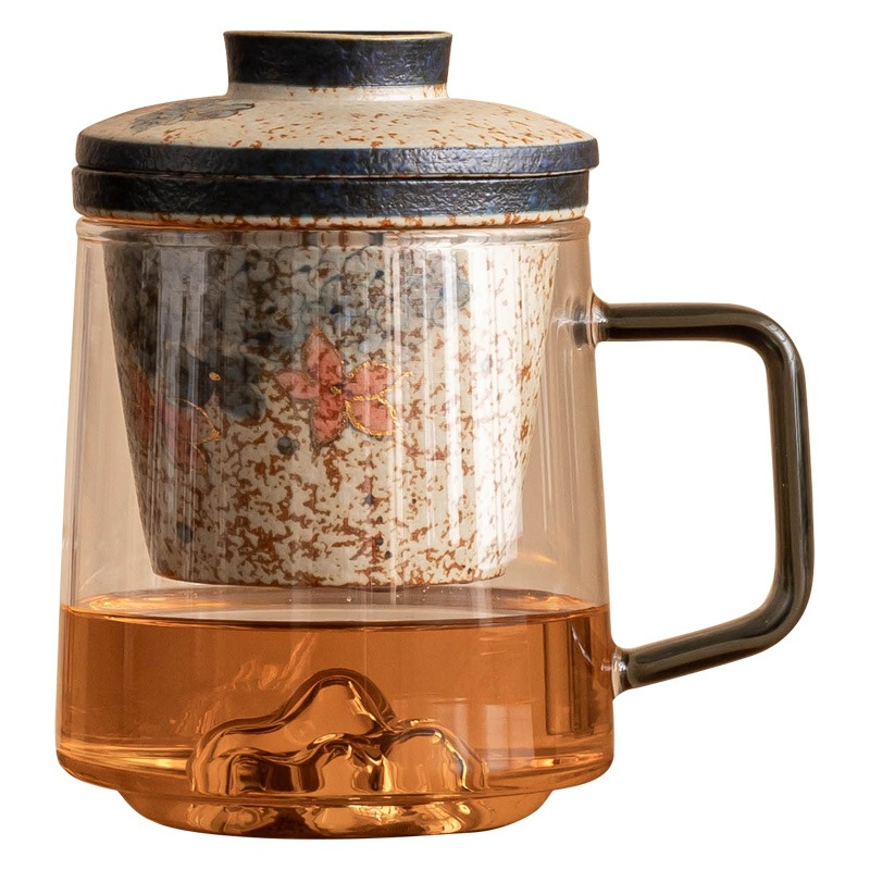 Cốc trà thủy tinh đỏ lục lam trắng, cốc tách nước trà, cốc văn phòng thêu vàng hoa cẩm tú cầu mây, cốc retro cao cấp